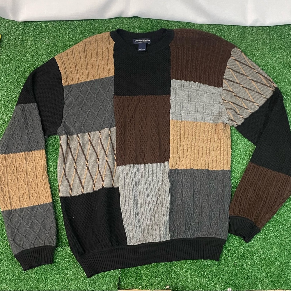 Men’s Cremieux Collection Sweater cable Knit Sweater Brown and cream patchwork